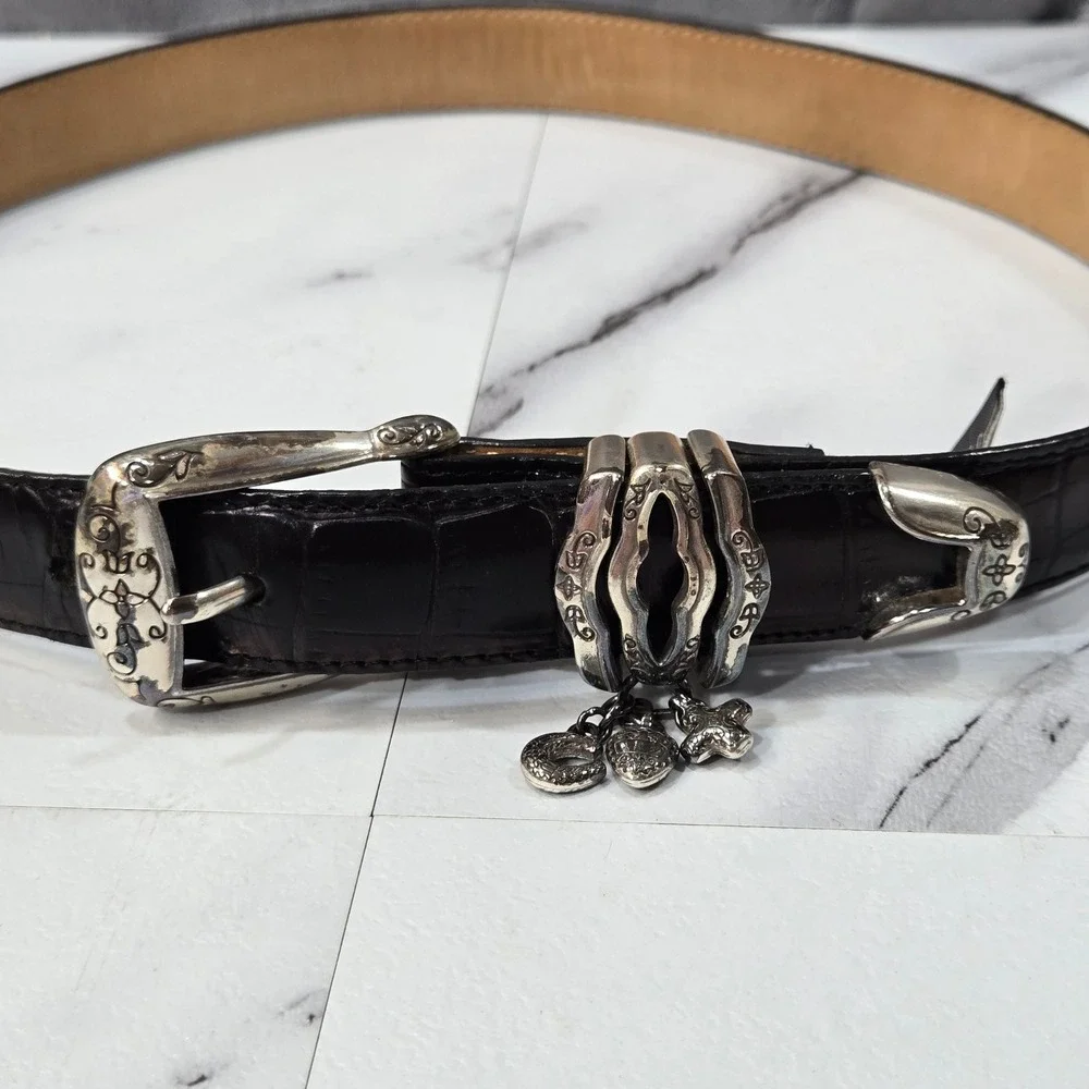 Brighton Belt Womens S 28 Black Croco Embossed Leather Silver Charms Classic